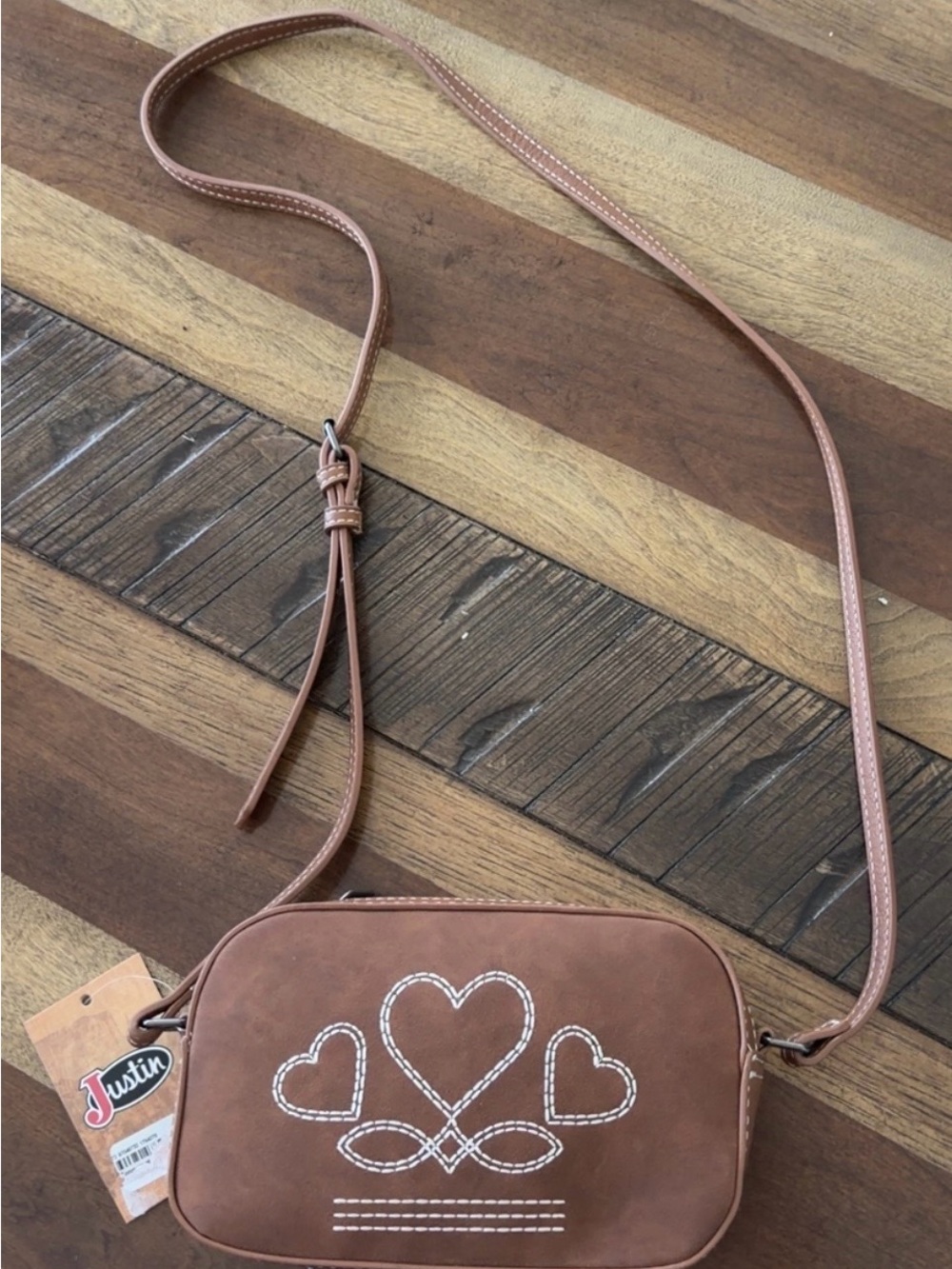 Justin Boots Tan Crossbody Bag with White Heart Stitching